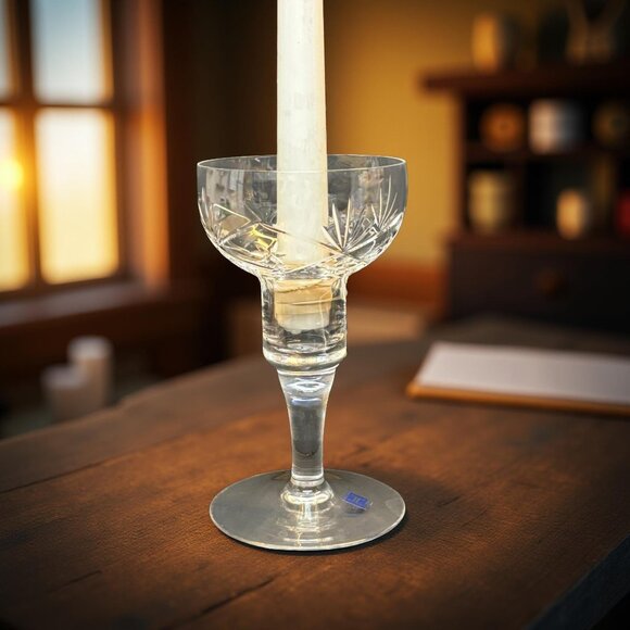 2 Hadeland Norway Crystal Stem Candle Holders with Labels Cut Starburst Coupe Fo - Picture 2 of 10